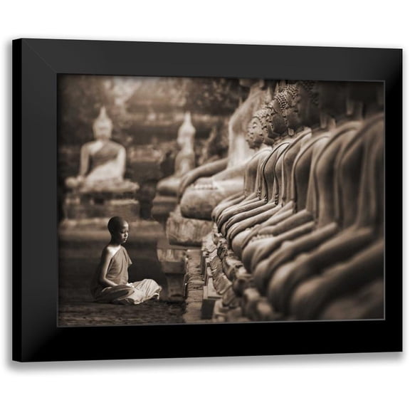 Pangea Images 14x12 Black Modern Framed Museum Art Print Titled - Young Buddhist Monk praying, Thailand (sepia)