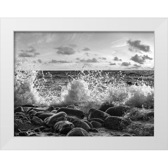 Pangea Images 14x12 White Modern Wood Framed Museum Art Print Titled - Waves crashing, Point Reyes, California (BW)