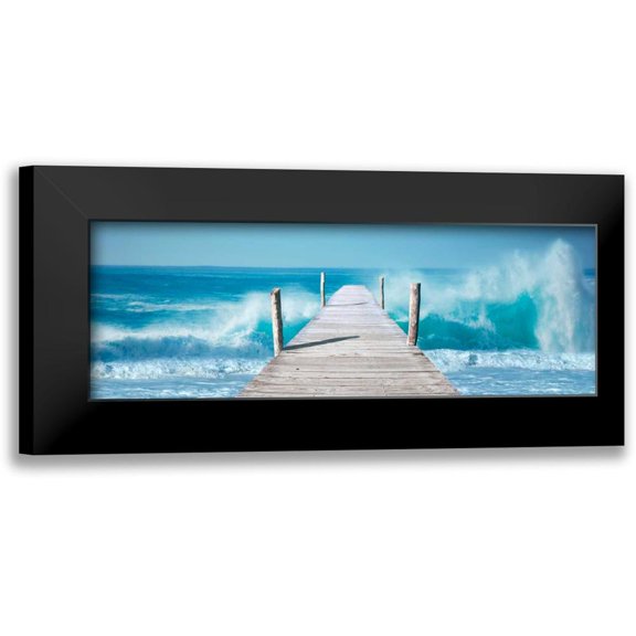 Pangea Images 14x7 Black Modern Framed Museum Art Print Titled - Ocean Waves on a Jetty
