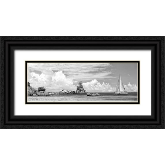 Pangea Images 14x7 Black Ornate Wood Framed with Double Matting Museum Art Print Titled - Sailboat at La Digue, Seychelles (BW)