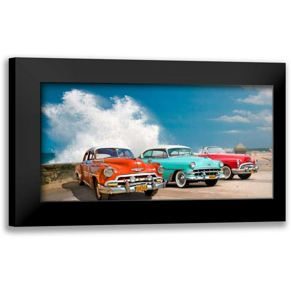 Pangea Images 14x9 Black Modern Framed Museum Art Print Titled - Cars in Avenida de Maceo- Havana- Cuba