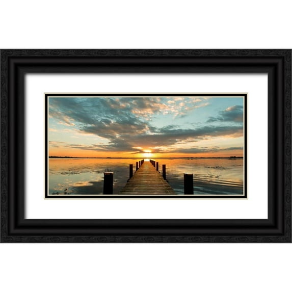 Pangea Images 14x9 Black Ornate Wood Framed with Double Matting Museum Art Print Titled - Morning Lights on a Jetty (detail)