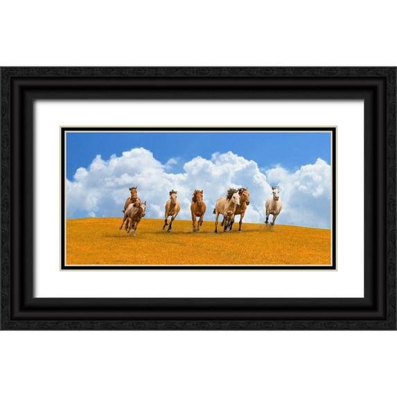 Pangea Images 18x11 Black Ornate Wood Framed with Double Matting Museum Art Print Titled - Herd of wild horses