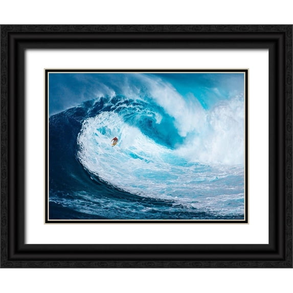 Pangea Images 18x15 Black Ornate Wood Framed with Double Matting Museum Art Print Titled - Surfing the big wave, Tasmania