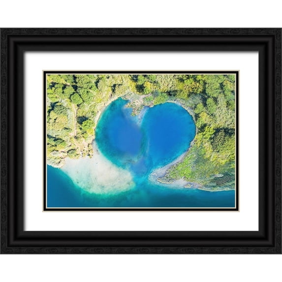 Pangea Images 24x18 Black Ornate Wood Framed with Double Matting Museum Art Print Titled - Heart Shaped Atoll-Fiji