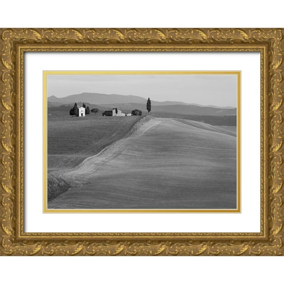 Pangea Images 24x18 Gold Ornate Wood Framed with Double Matting Museum Art Print Titled - Val dOrcia-Siena-Tuscany (BW)