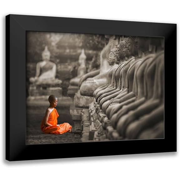 Pangea Images 24x19 Black Modern Framed Museum Art Print Titled - Young Buddhist Monk praying, Thailand (BW)