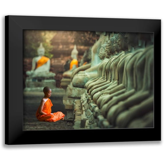 Pangea Images 24x19 Black Modern Framed Museum Art Print Titled - Young Buddhist Monk praying, Thailand