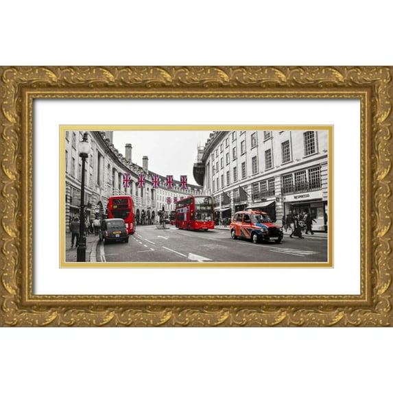 Pangea Images 32x18 Gold Ornate Wood Framed with Double Matting Museum Art Print Titled - Buses and taxis in Oxford Street, London