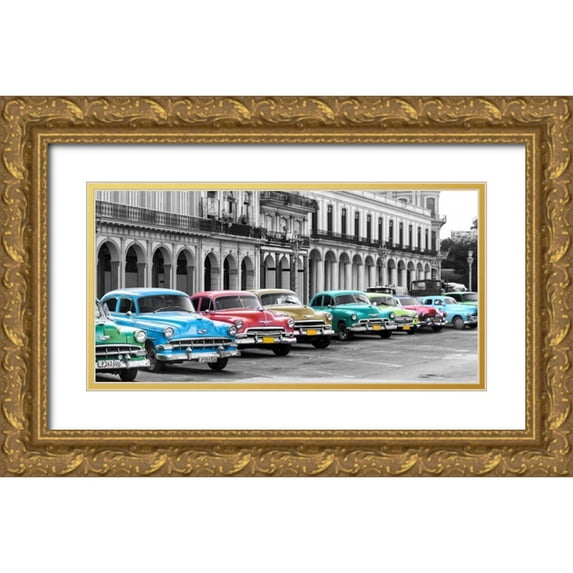 Pangea Images 32x18 Gold Ornate Wood Framed with Double Matting Museum Art Print Titled - Cars parked in line, Havana, Cuba
