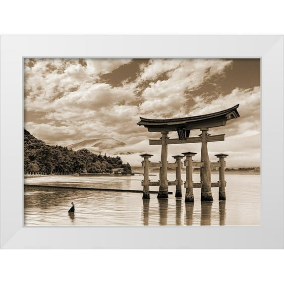 Pangea Images 32x24 White Modern Wood Framed Museum Art Print Titled - Itsukushima Shrine-Hiroshima-Japan (BW)