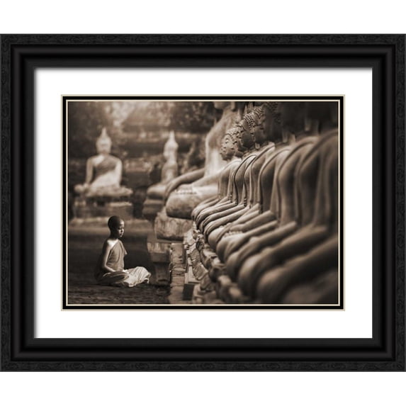 Pangea Images 32x25 Black Ornate Wood Framed with Double Matting Museum Art Print Titled - Young Buddhist Monk praying, Thailand (sepia)