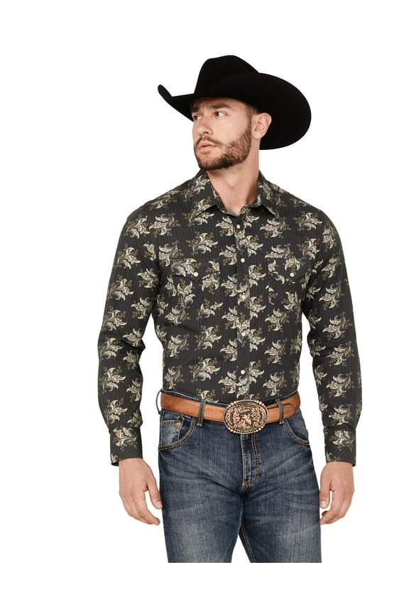 Men's Rock And Roll Denim Vintage 46 Paisley Print Long Sleeve Snap Charcoal Medium