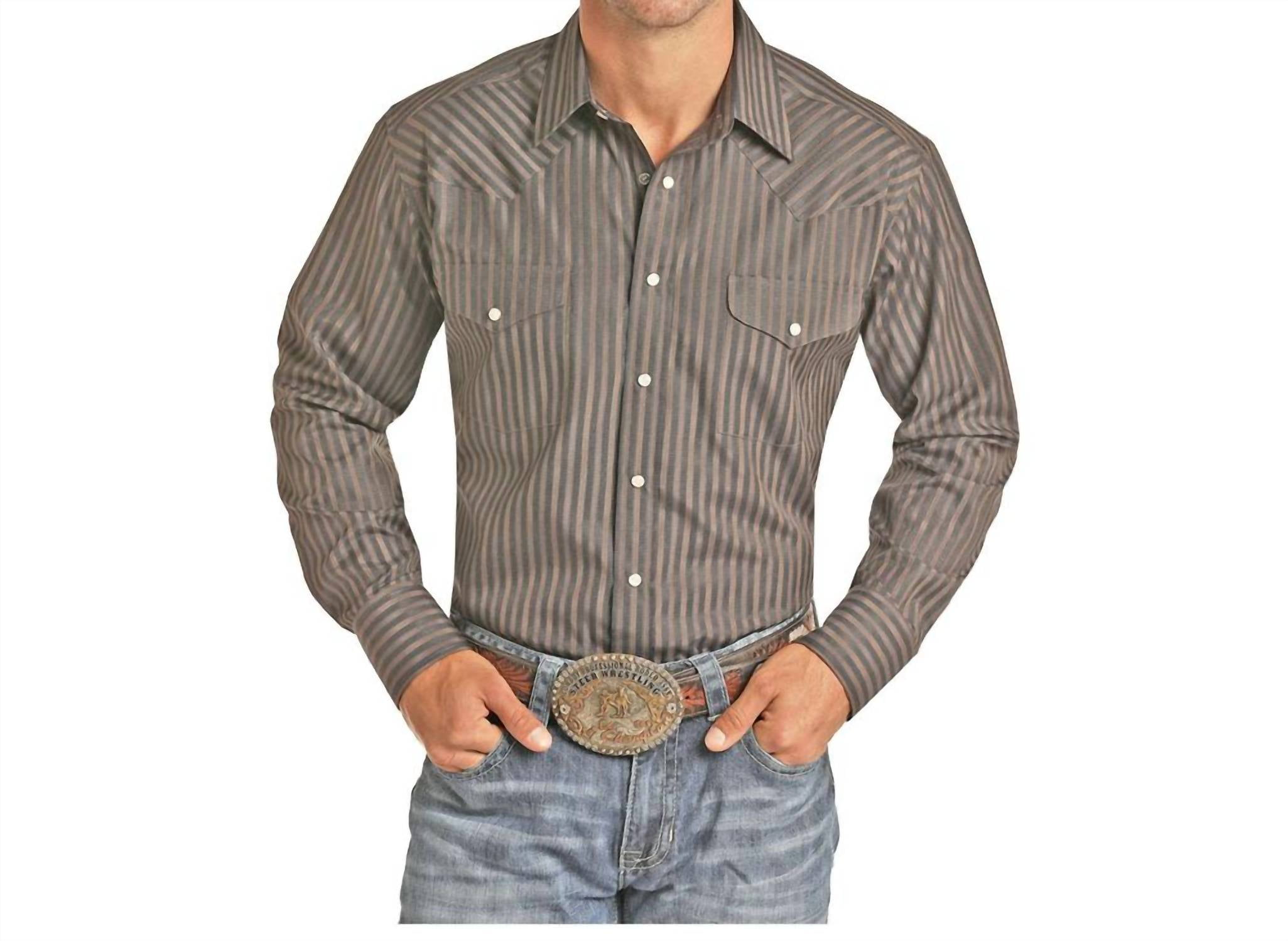 Men's Grey Long Sleeve Dark Grey Stripes Western Shirt WD-840 main image 1