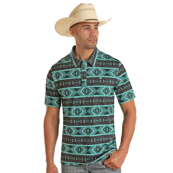 Panhandle Men's Southwestern Print Short Sleeve Performance Polo Shirt Turquoise US