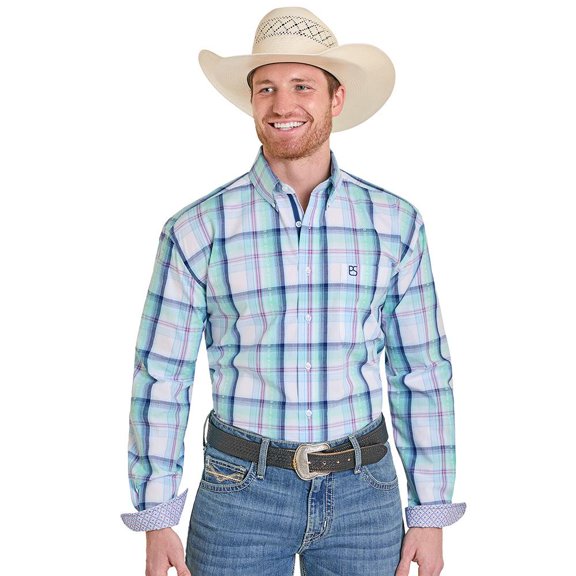 Panhandle Mens Aqua Dobby Plaid L/S Shirt