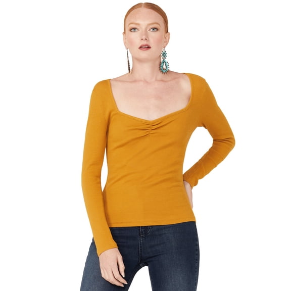 Panhandle Women's Cinch Front Ribbed Knit Long Sleeve Top Gold US