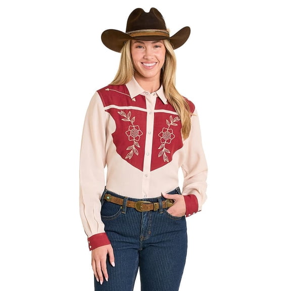 Panhandle Womens   Embroidered Challis Floral Shirt S Beige