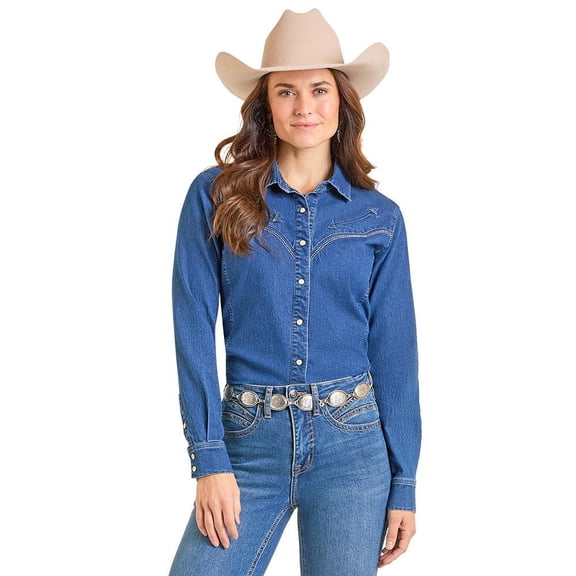 Panhandle Womens Retro Embroidered Shirt XL Denim