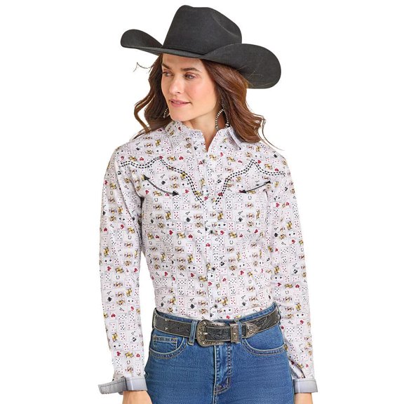 Panhandle Womens   Vegas Print Snap Shirt L Black