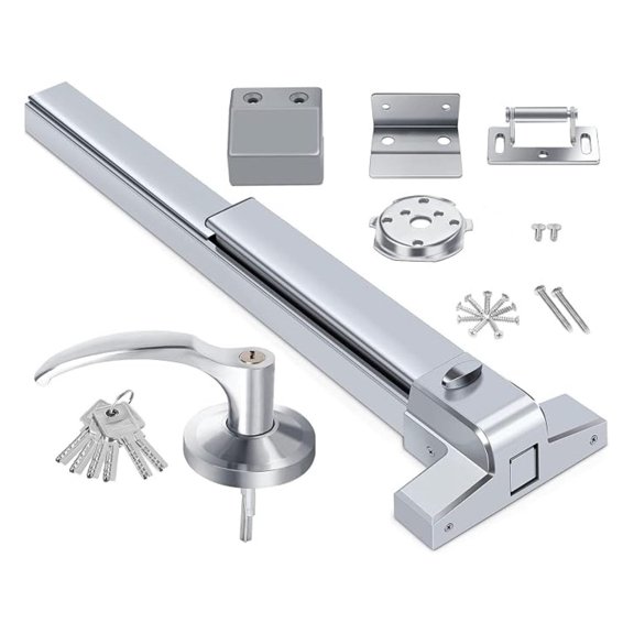 Panic Bar for Exit Door, Durable Steel Panic Device with Strike Plate, Fire Safety Hardware with External Lever & 6 Keys, Fits 28-36 Wide Entry Doors