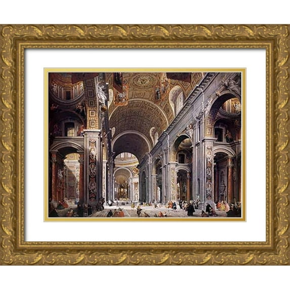 Panini, Giovanni Paolo 24x19 Gold Ornate Wood Framed with Double Matting Museum Art Print Titled - Interior Of St. Peters, Rome