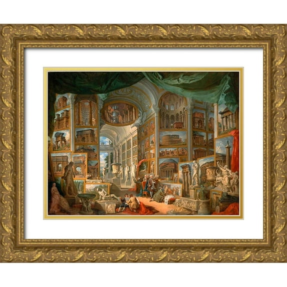 Panini, Giovanni Paolo 32x25 Gold Ornate Wood Framed with Double Matting Museum Art Print Titled - Galleria con vedute di Roma antica