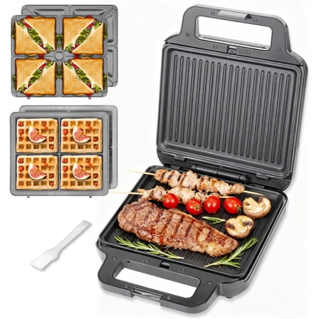 Panini Grill Press Breakfast Sandwich Maker 3 in 1, Electric Griddle Panini Press, Grilled Cheese Maker, Sandwichera Electrica, Belgian Waffle Maker with Removable Plates