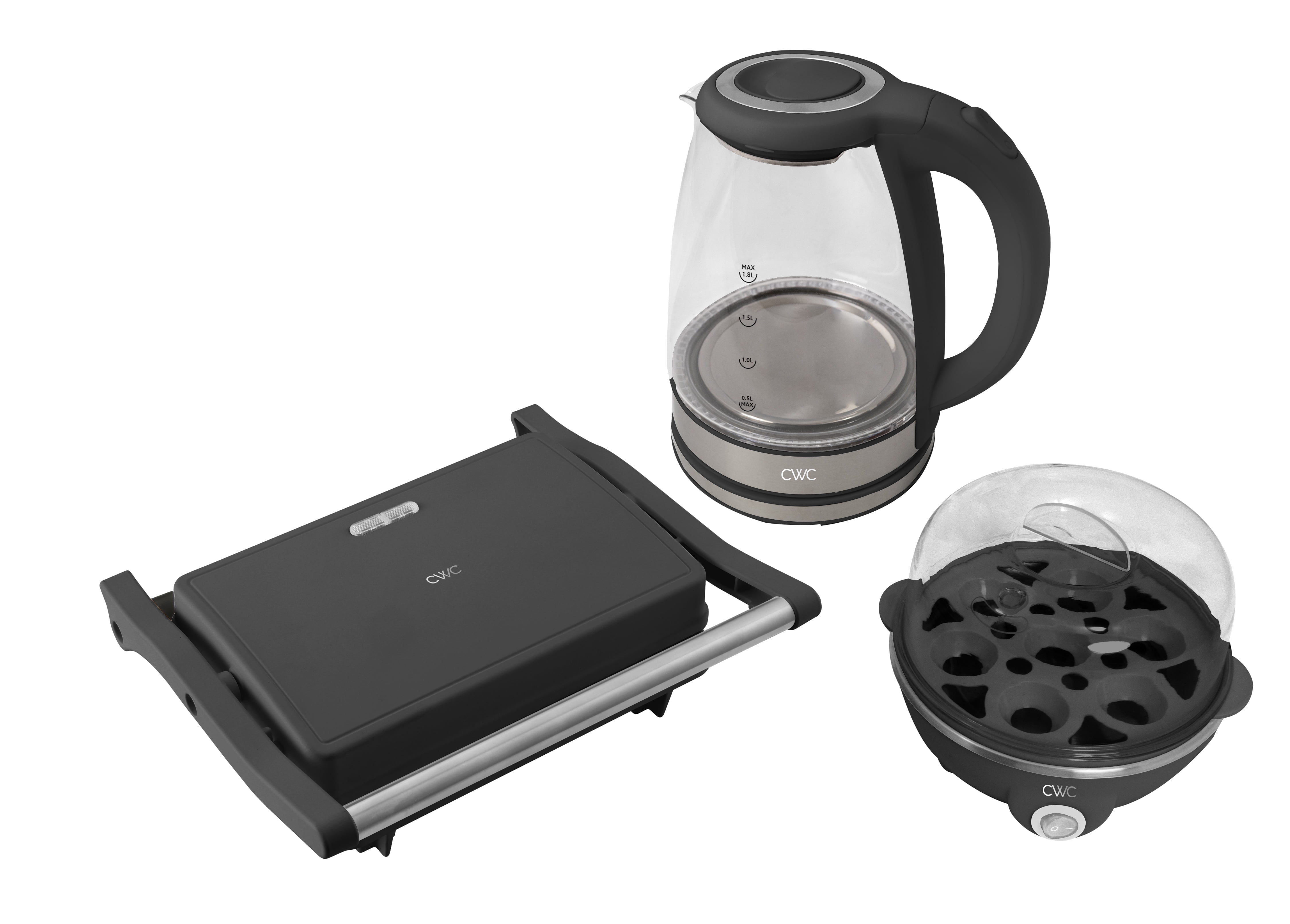 COOK WITH COLOR Compact Egg Boiler, Glass Kettle, & Panini Grill Kitchen Set, 3-piece set, Black