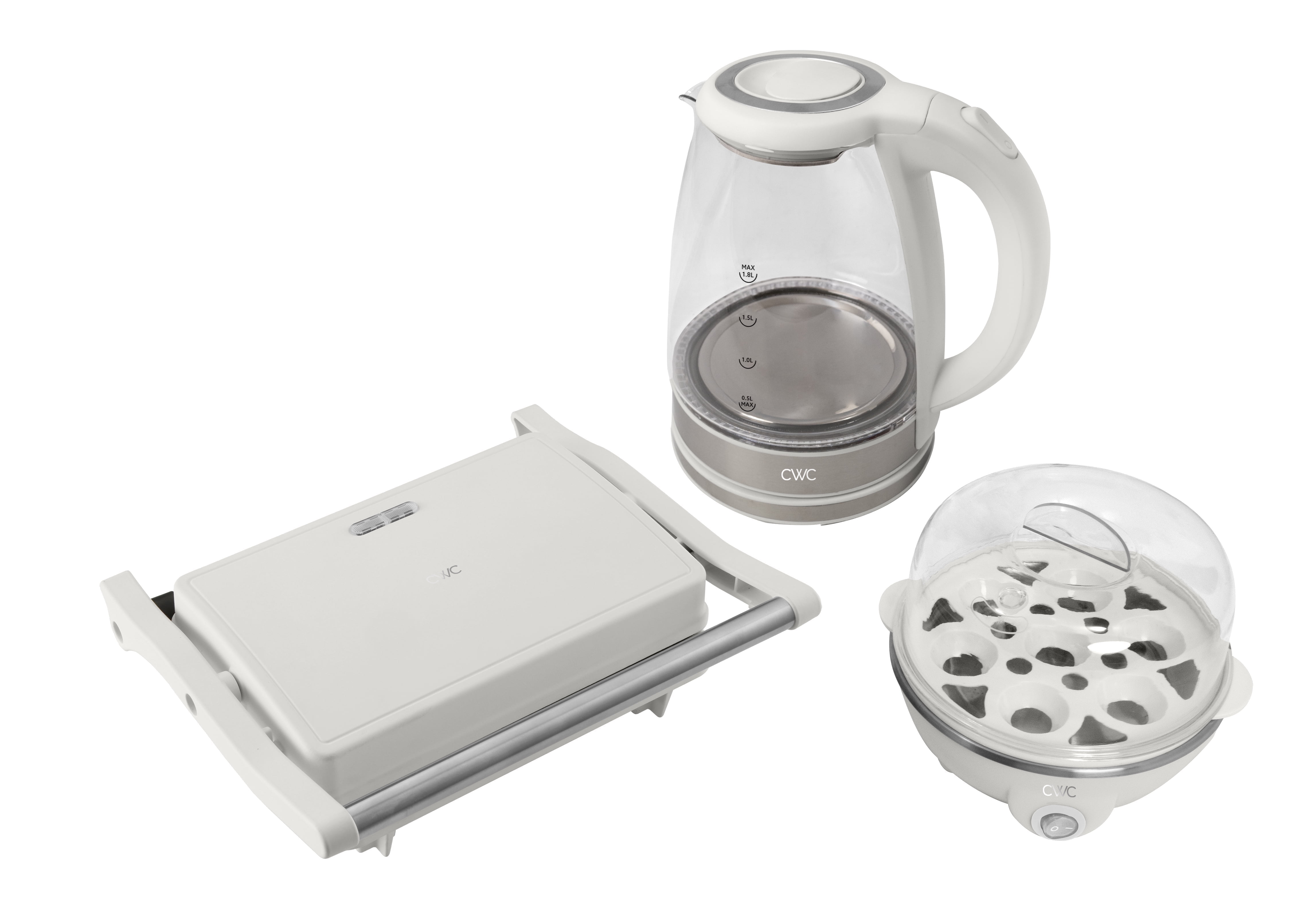 COOK WITH COLOR Compact Egg Boiler, Glass Kettle, & Panini Kitchen Grill Set, 3-piece set, Cream
