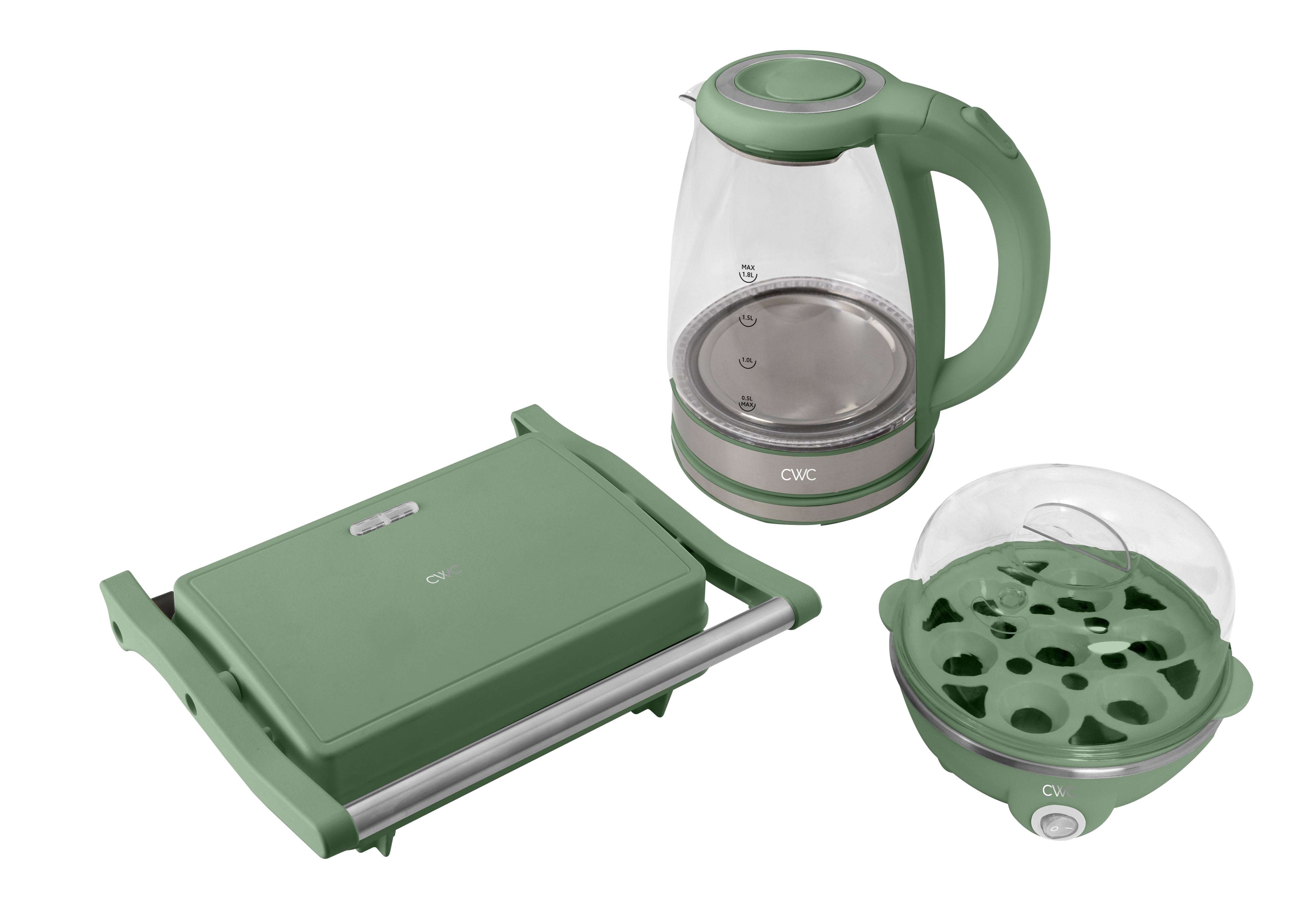 COOK WITH COLOR Compact Egg Boiler, Glass Kettle, & Panini Kitchen Grill Set, 3-piece set, Green