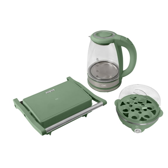 COOK WITH COLOR Compact Egg Boiler, Glass Kettle, & Panini Kitchen Grill Set, 3-piece set, Green