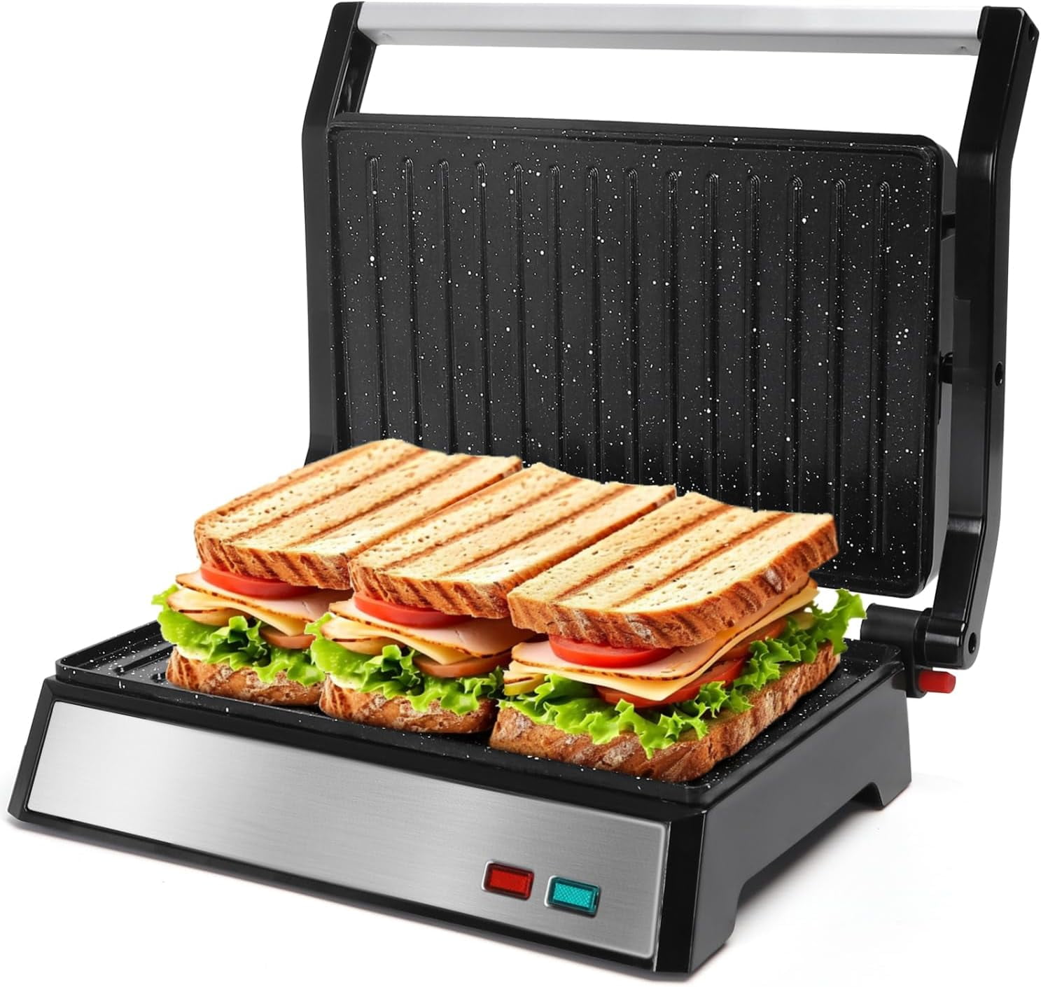 Panini Press 1200W Sandwich Maker and Electric Indoor Grill with Ceramic Non Stick Coated Plates Opens 180 to Fit Any Size of Food Stainless Steel