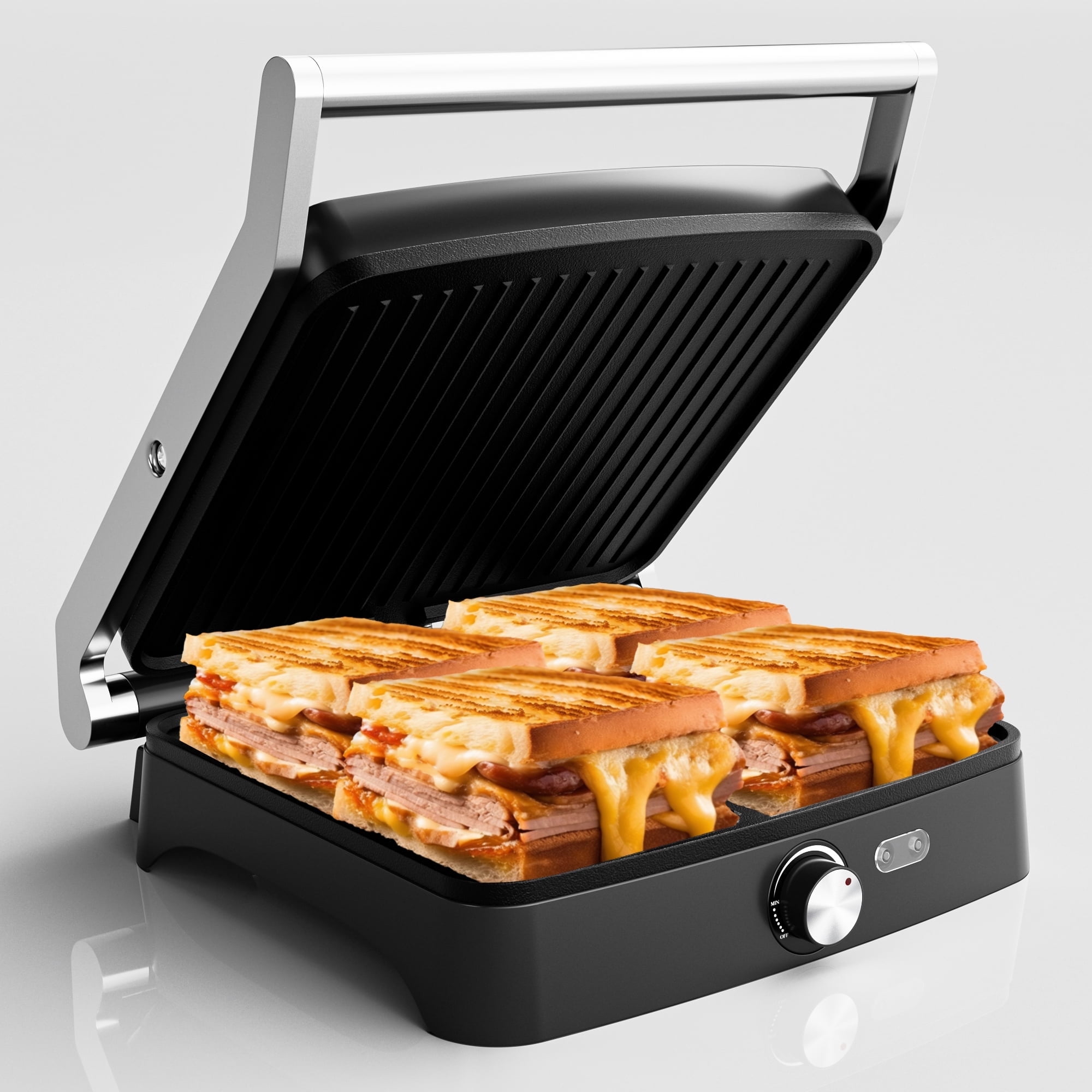 Panini Press, 4 Slice Grill Sandwich Maker and Griddle Grill Combo with Dishwasher-Safe Grilling Plates, Opens 180 for Indoor BBQ /Flat Top Grill, Stainless Steel