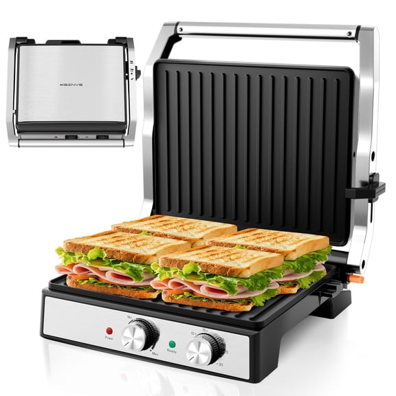 KEINVE Panini Press, 4 Slice Large Sandwich Maker with Temp & Time Setting, 1600W Non-Stick Versatile Grill Press, Opens 180 Degrees to Fit Steak, Fish, Vegetable and More
