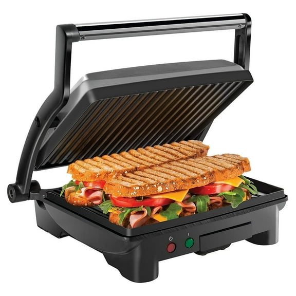Panini Press & Grill, 4-Slice Non-Stick, Opens Flat - Stainless Steel