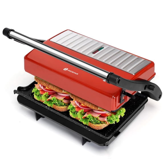 Panini Press Grill, Aigostar 1000W Sandwich Maker with Ceramic Non-stick Plates, Opens 180 Degrees for Any Size Food, 3-in-1 Sandwich Press Electric Grill, Drip Spout & Locking Lid, Red Y101