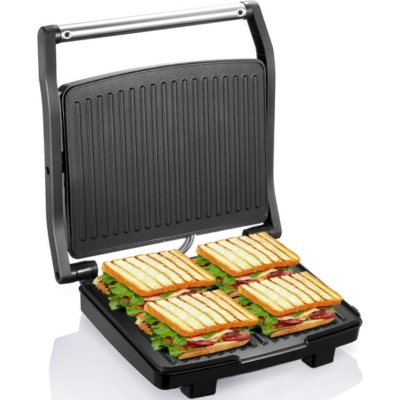Panini Press Grill, Gourmet Sandwich Maker, Electric Indoor Grill with Non-Stick Cooking Plate and Removable Drip Tray, Easy to Clean, Stainless Steel