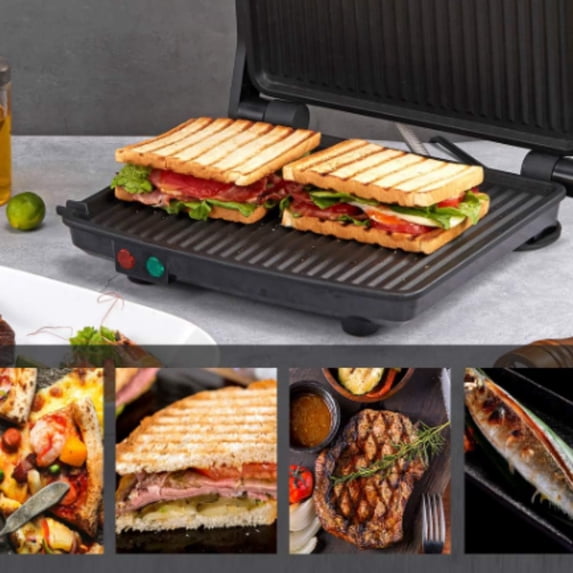 Panini Press Grill, Gourmet Sandwich Maker Non-Stick Coated Plates 11" x 9.8", Opens 180 Degrees to Fit Type or Size of Food, Stainless Steel Surface and Removable Drip Tray, 4 Slice