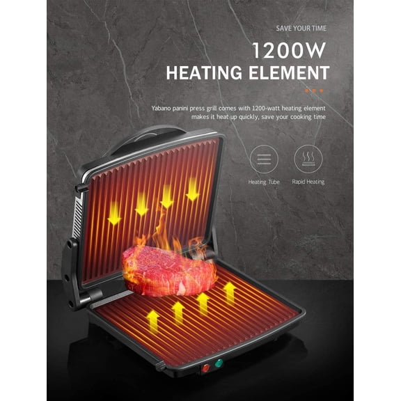 Panini Press Grill, Gourmet Sandwich Maker Non-Stick Coated Plates 11" x 9.8", Opens 180 Degrees to Fit Any Type or Size of Food, Stainless Steel Surface and Removable Drip Tray, 4 Slice