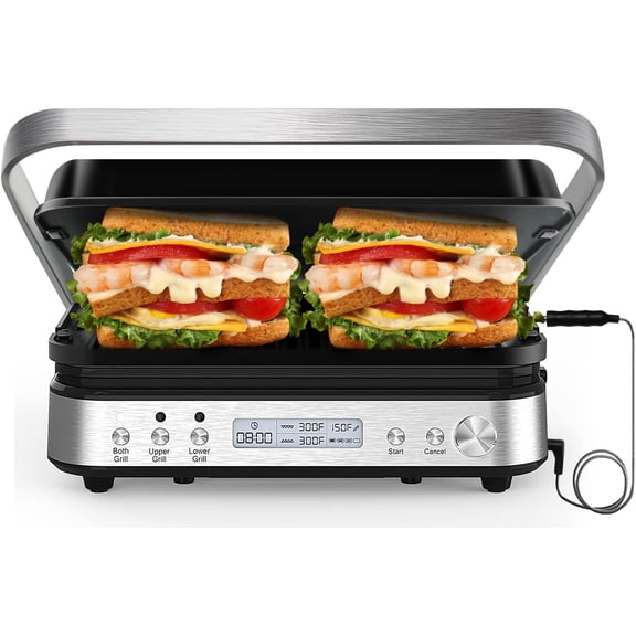 Panini Press Grill Sandwich Maker with Removable Plates, 1600W, 5 in 1 Smokeless Indoor Grill & Griddle with Meat Thermometer, Electric Contact Grills for Kitchen, Stainless Steel