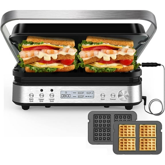Panini Press Grill Sandwich Maker with Removable Plates 1600W 6 in 1 Indoor Grill with Meat Thermometer Electric Contact Grills for Kitchen Stainless Steel