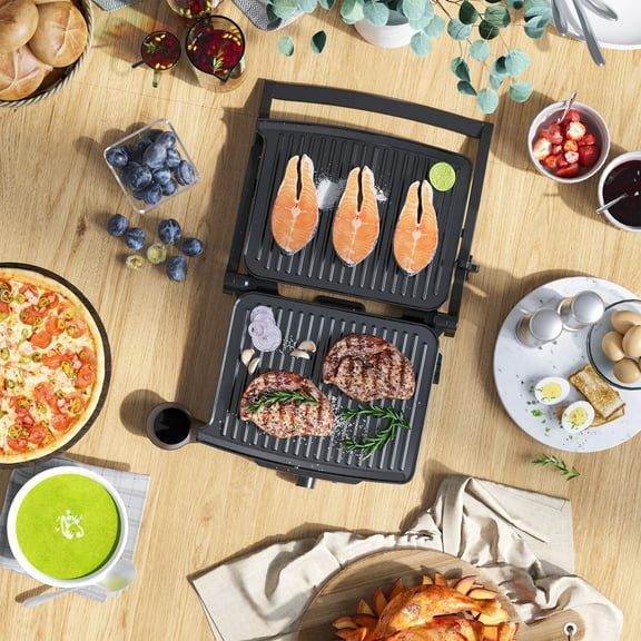 Panini Press Grill with Non-Stick Double Plates Drip Tray Opens 180 Degree