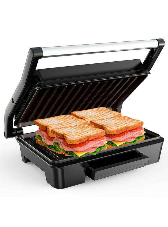 Panini Press Sandwich Maker, 2 Slice Stainless Steel Panini Press Grill, Non-Stick Sandwich Press Maker with Removable Drip Tray for Any Thickness Sandwich, Burgers, Steak