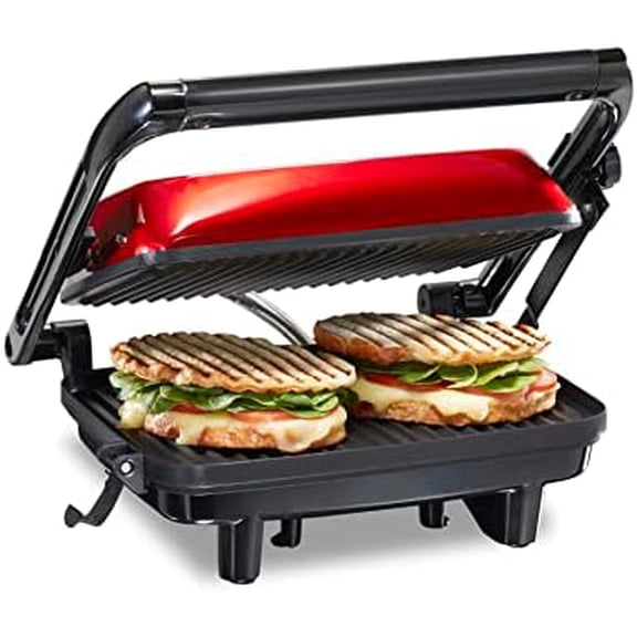 Panini Press Sandwich Maker & Electric Indoor Grill with Locking Lid, Opens Wide to Fit Any Thickness for Quesadillas, Burgers & More, Nonstick 8" x 10" Grids, Red (25462Z)