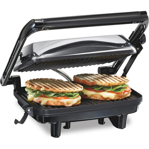 Panini Press Sandwich Maker & Electric Indoor Grill with Locking Lid, Opens Wide to Fit Any Thickness for Quesadillas, Burgers & More, Nonstick 8" x 10" Grids, Chrome (25460MNA)