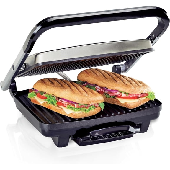 Panini Press Sandwich Maker & Electric Indoor Grill with Locking Lid, Opens Wide to Fit Any Thickness for Quesadillas, Burgers & More, Nonstick 8" x 10" Grids,
