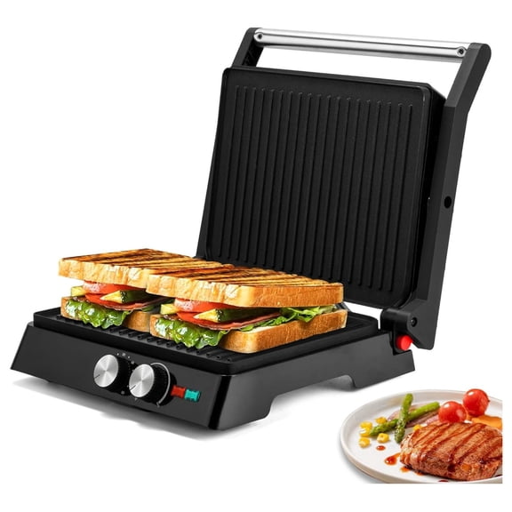 Panini Press Sandwich Maker and Electric Indoor Grill with Temperature Time Setting, Easy Clean Nonstick Grids, Opens 180/105 to Fit Any Type or Size of Food, 1400W, BBQ, Black