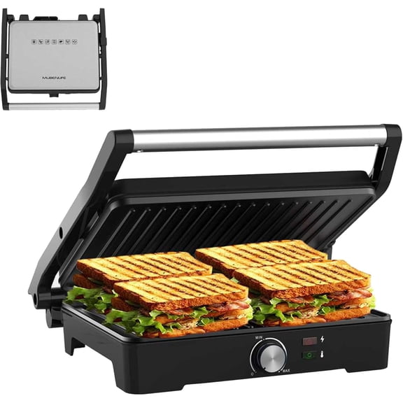 Panini Press Sandwich Press Grill 180 Degree Open Perfect for Grilling Sandwich Steak Burger Non-Stick Grill Table Grill Stainless Steel Temperature Adjustable 4 Slice Barbecue GT49A