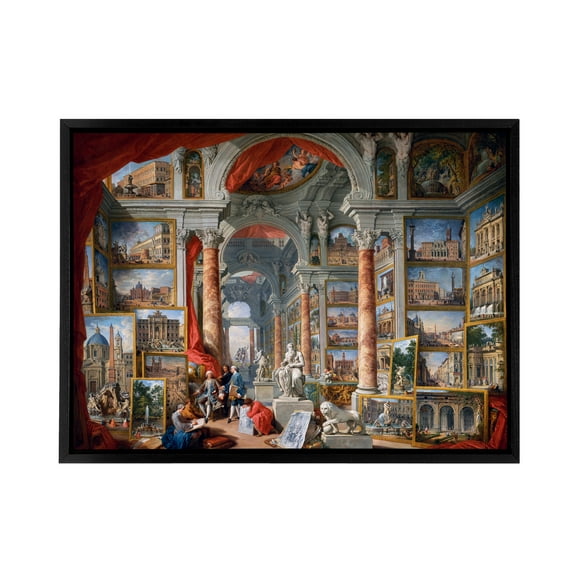 Panini Views Of Modern Rome Monuments Black Framed Canvas Wall Art Print 18X24"